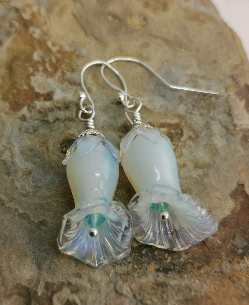 White Glass Lily Flower Sterling Silver Wire Wrapped Dangle Earrings with Turquoise Crystals