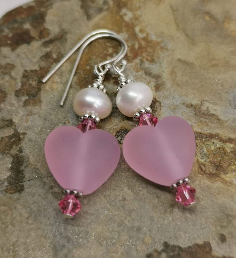 Pink Frosted Lampwork Glass Heart Sterling Silver Dangle Earrings with Freshwater Pearls and Crystal