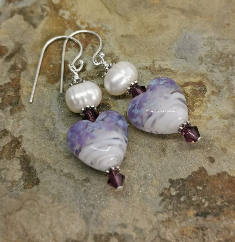 Heathers Purple and White Lampwork Glass Heart Earrings with Freshwater Pearl and Austrian Crystal