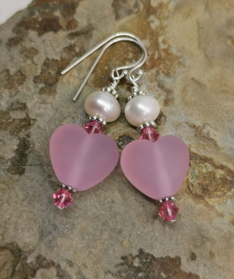 Pink Frosted Lampwork Glass Heart Sterling Silver Dangle Earrings with Freshwater Pearls and Crystal