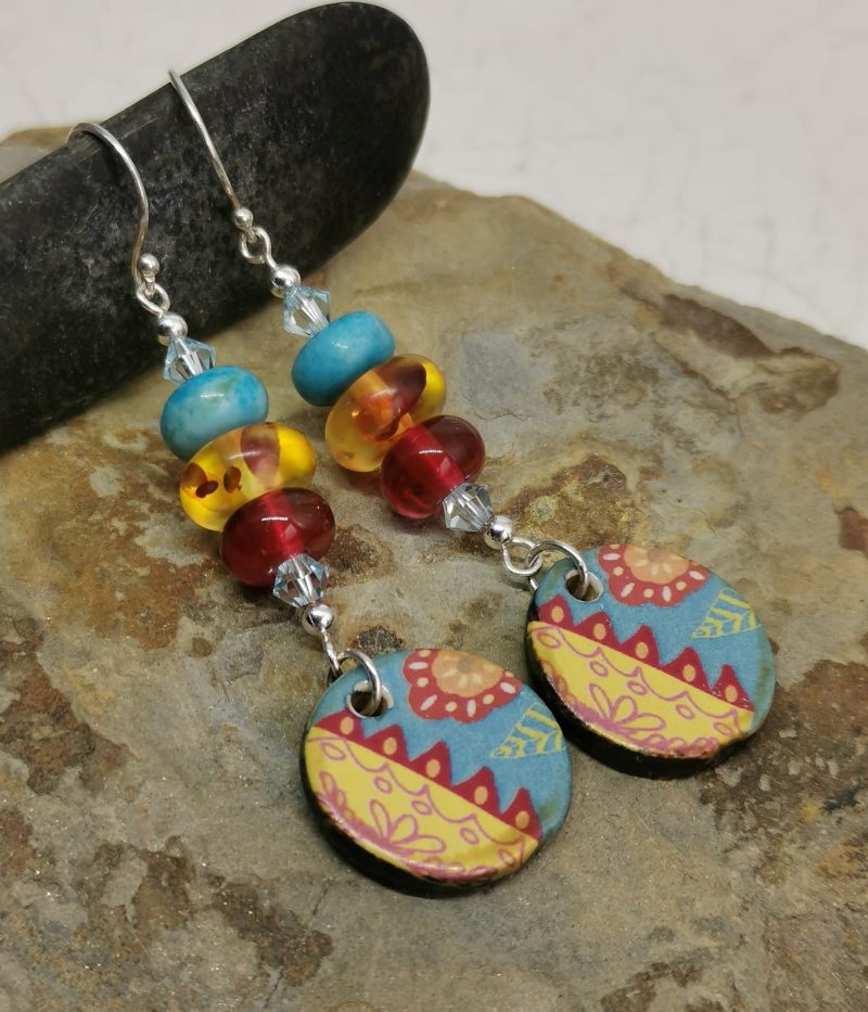 Imperial Jasper Lampwork Glass and Amber Dangle Drop Earrings with Mexican style Decoupage Charms