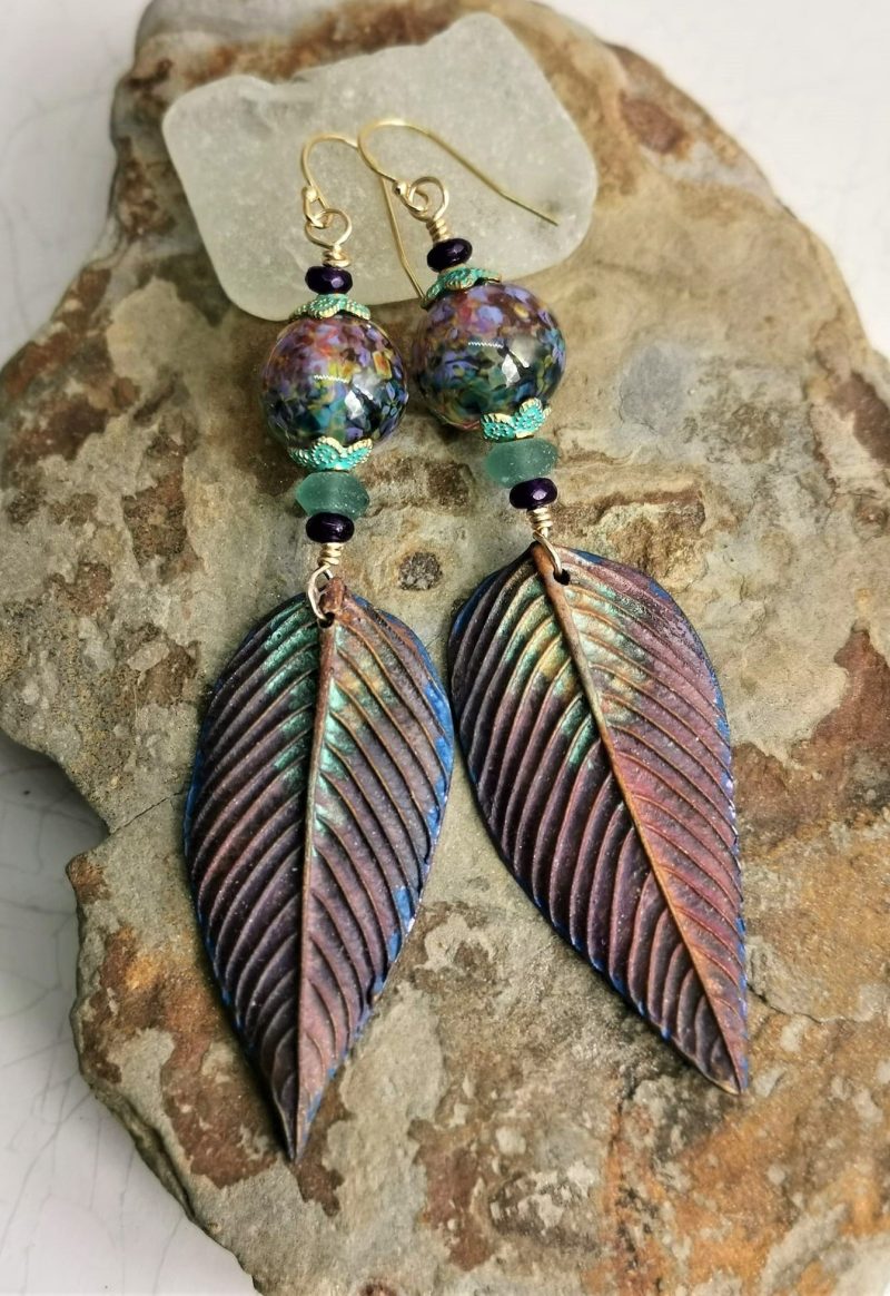 Violette Flourish Purple and Green Lampwork Glass Gold Earrings with Polymer Clay Leaves