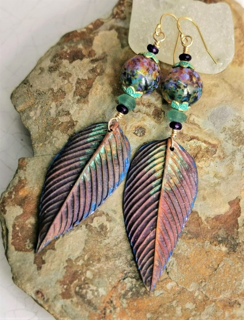 Violette Flourish Purple and Green Lampwork Glass Gold Earrings with Polymer Clay Leaves