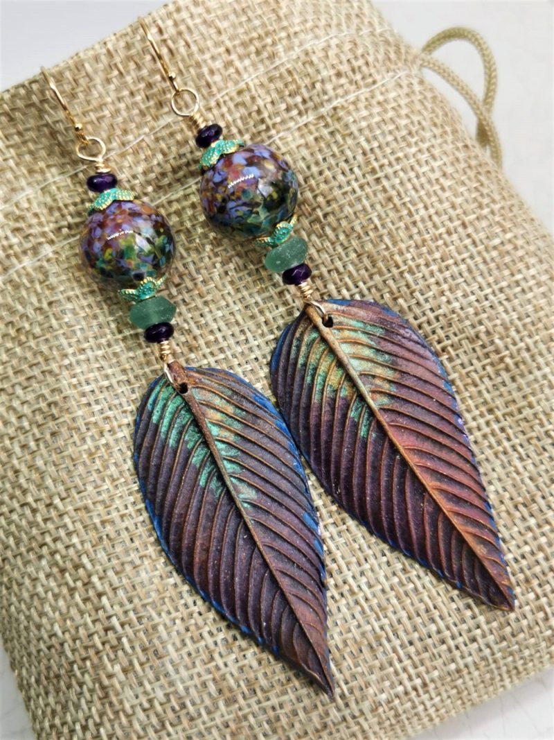 Violette Flourish Purple and Green Lampwork Glass Gold Earrings with Polymer Clay Leaves