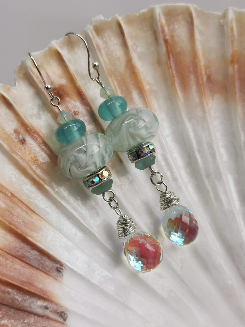 Art Deco Style Lampwork Glass Turquoise and Aqua Sterling Silver Dangle Earrings with Crystal Drops