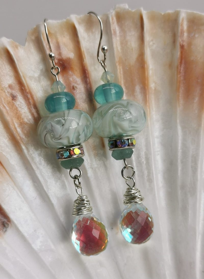 Art Deco Style Lampwork Glass Turquoise and Aqua Sterling Silver Dangle Earrings with Crystal Drops