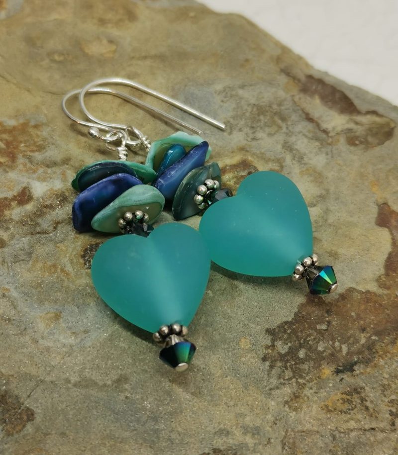 Low Tide Seaglass Style Teal Frosted Lampwork Glass Heart Sterling Silver Dangle Earrings