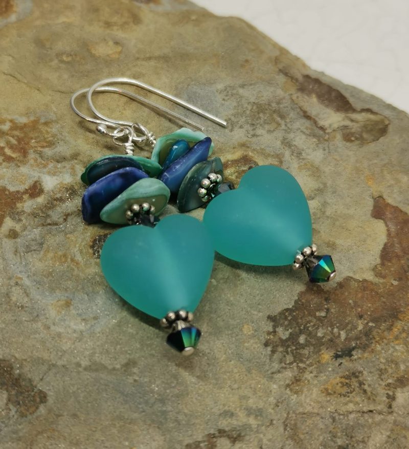 Low Tide Seaglass Style Teal Frosted Lampwork Glass Heart Sterling Silver Dangle Earrings