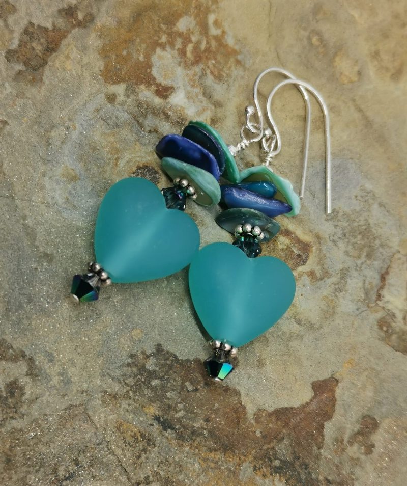 Low Tide Seaglass Style Teal Frosted Lampwork Glass Heart Sterling Silver Dangle Earrings