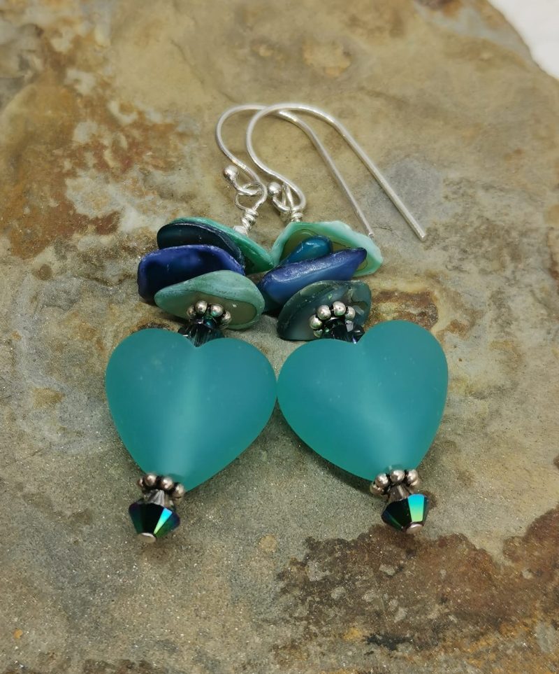 Low Tide Seaglass Style Teal Frosted Lampwork Glass Heart Sterling Silver Dangle Earrings