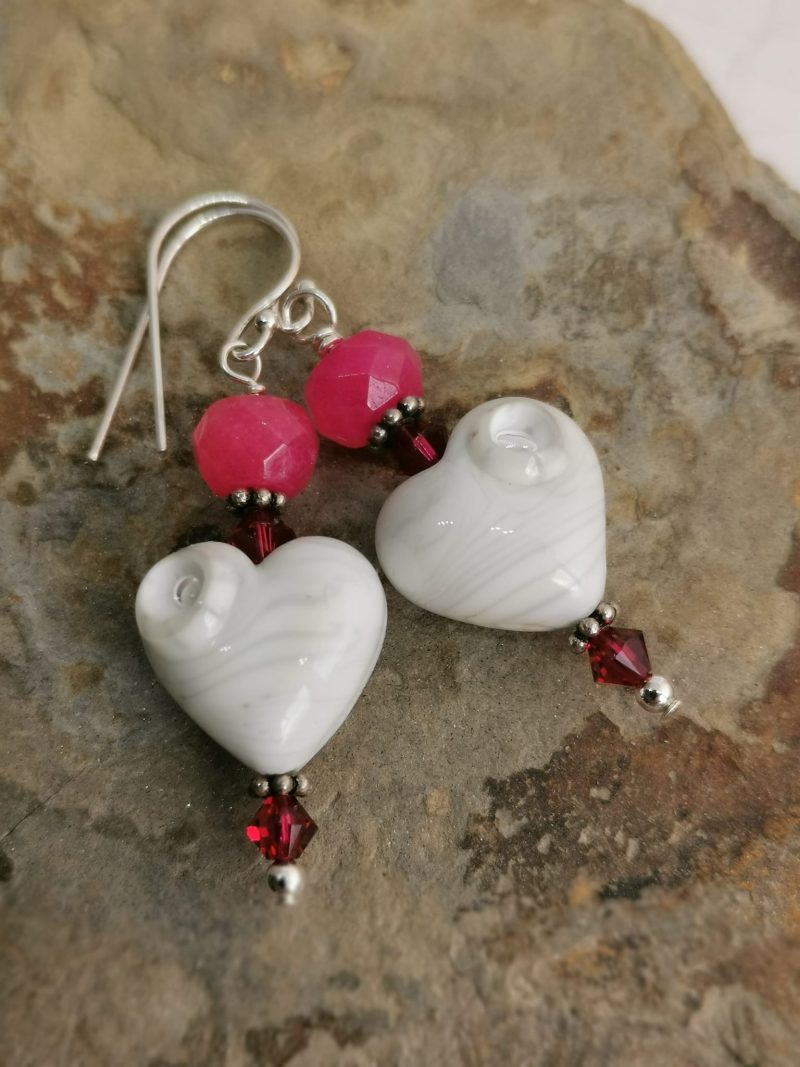 Pink White Heart Earrings | Lampwork Glass | Sterling Silver Dangle