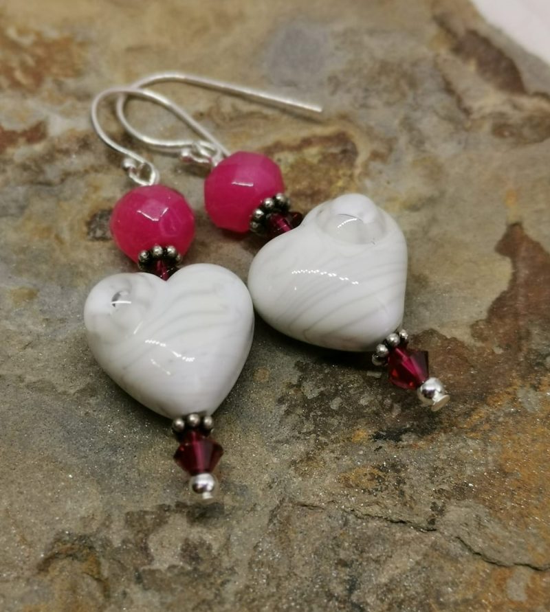 Pink White Heart Earrings | Lampwork Glass | Sterling Silver Dangle