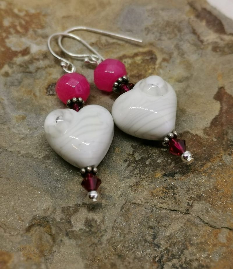 Pink White Heart Earrings | Lampwork Glass | Sterling Silver Dangle