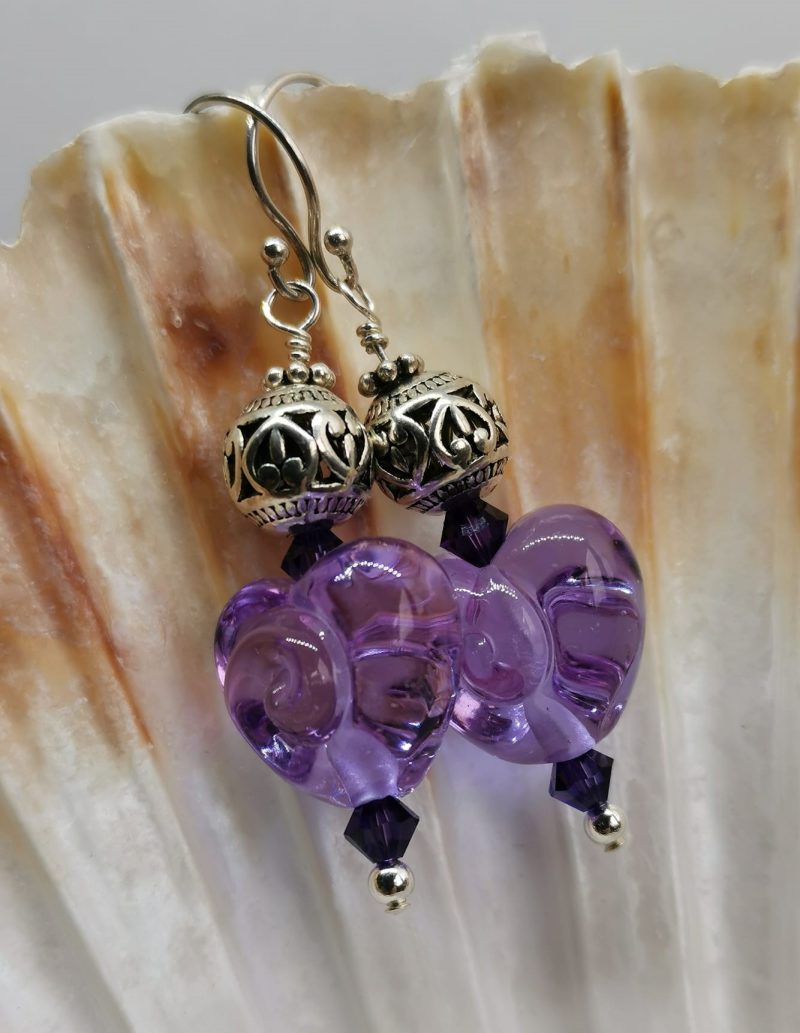 Passion for Purple Swirly Lampwork Glass Heart Wire Wrapped Silver Earrings with sparkly crystal