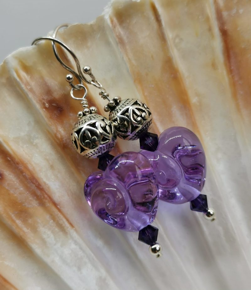 Passion for Purple Swirly Lampwork Glass Heart Wire Wrapped Silver Earrings with sparkly crystal
