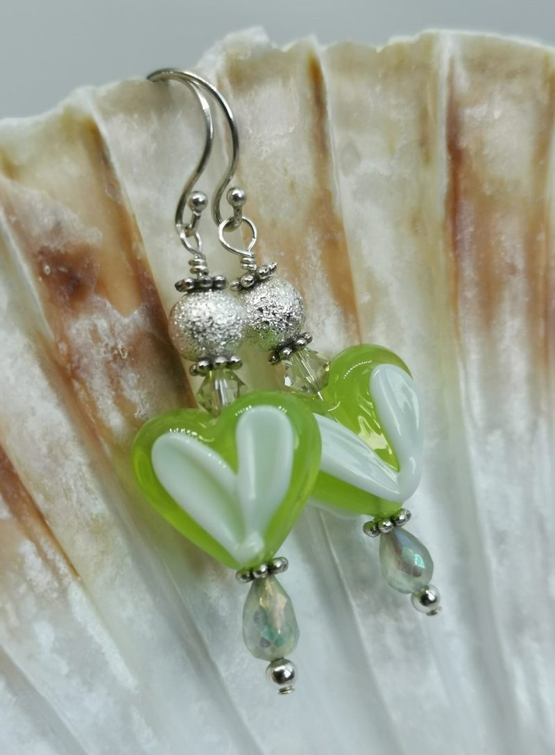 Heart Shaped Dangle Earrings | Lime Green and White Lampwork Glass | Sterling Silver