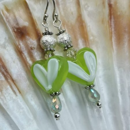 Heart Shaped Dangle Earrings | Lime Green and White Lampwork Glass | Sterling Silver