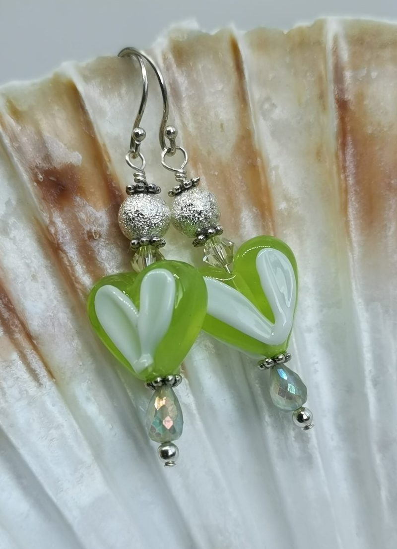 Heart Shaped Dangle Earrings | Lime Green and White Lampwork Glass | Sterling Silver