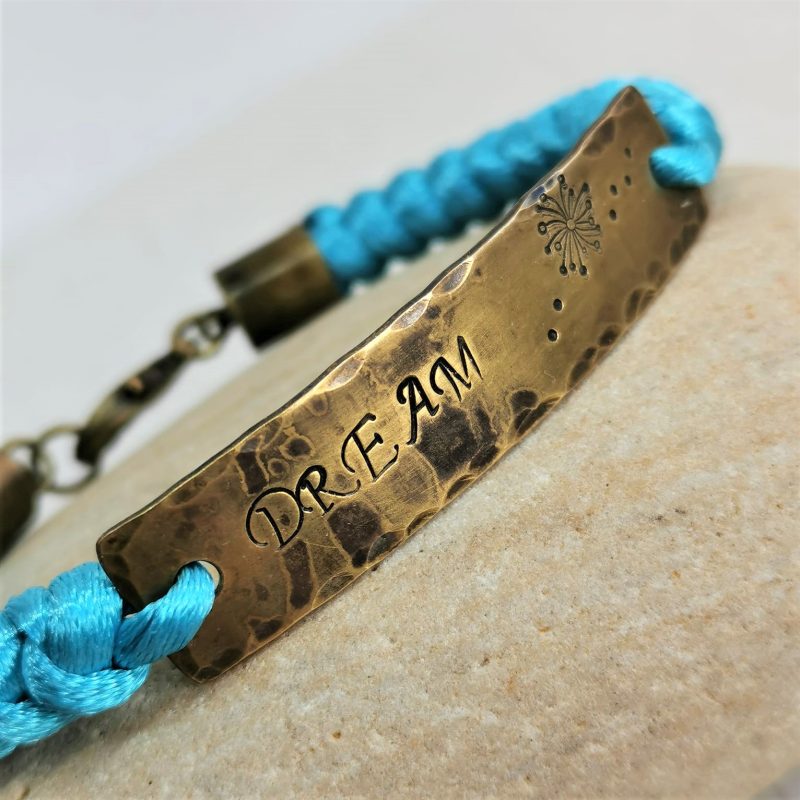 Turquoise Chinese Knot Bracelet with Snakeknotted Cord and Brass ID Style Bar and Lobster Clasp