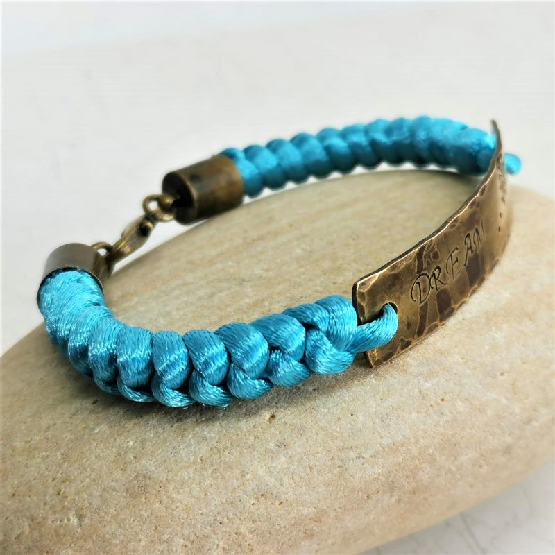 Turquoise Chinese Knot Bracelet with Snakeknotted Cord and Brass ID Style Bar and Lobster Clasp