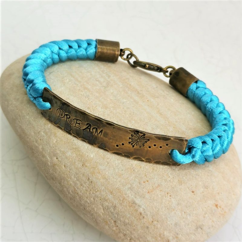Turquoise Chinese Knot Bracelet with Snakeknotted Cord and Brass ID Style Bar and Lobster Clasp