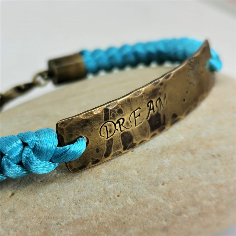 Turquoise Chinese Knot Bracelet with Snakeknotted Cord and Brass ID Style Bar and Lobster Clasp