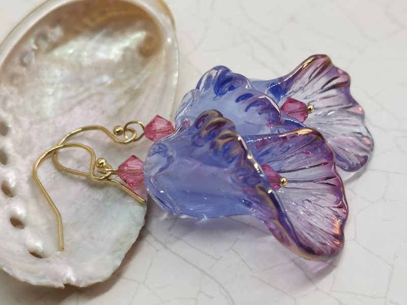 Lilac Flower Dangle Earrings | Lampwork Glass | 14k Gold | with Deep Pink Crystal