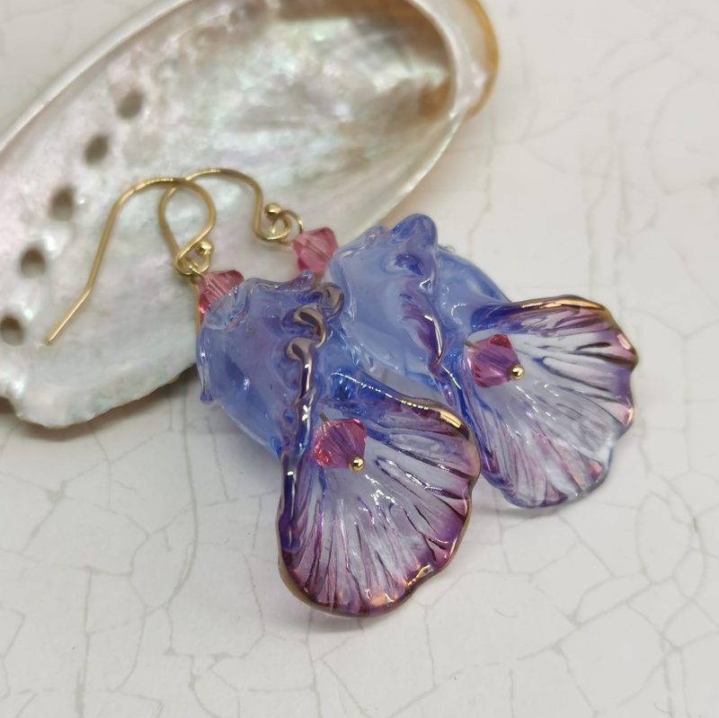 Lilac Flower Dangle Earrings | Lampwork Glass | 14k Gold | with Deep Pink Crystal