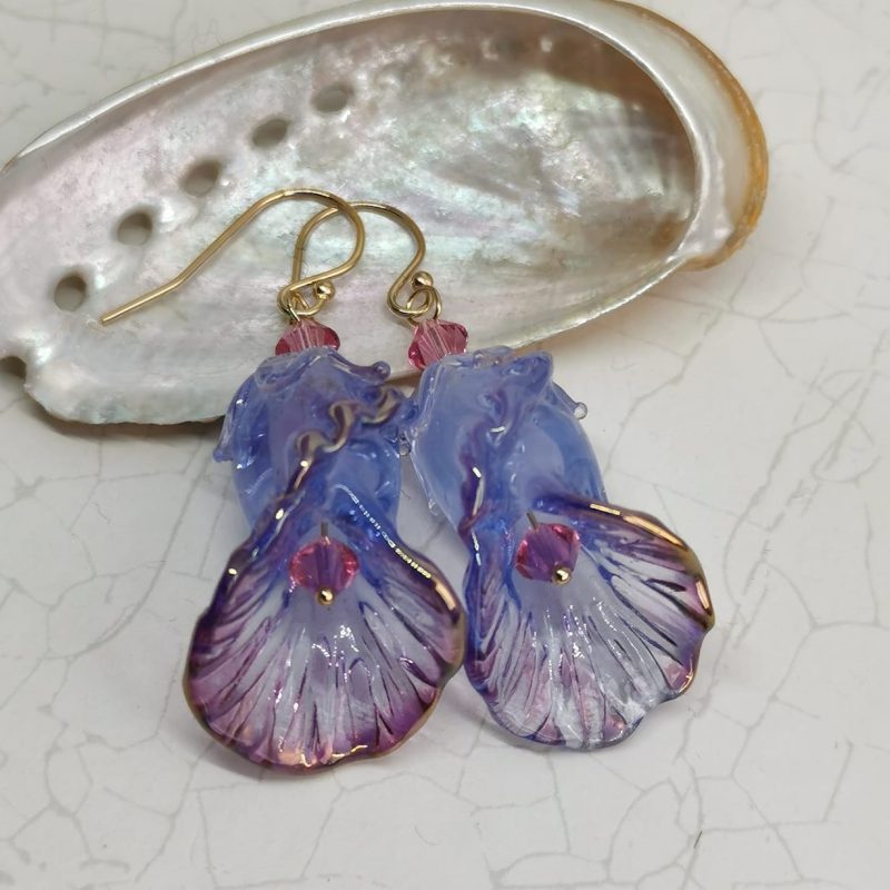 Lilac Flower Dangle Earrings | Lampwork Glass | 14k Gold | with Deep Pink Crystal