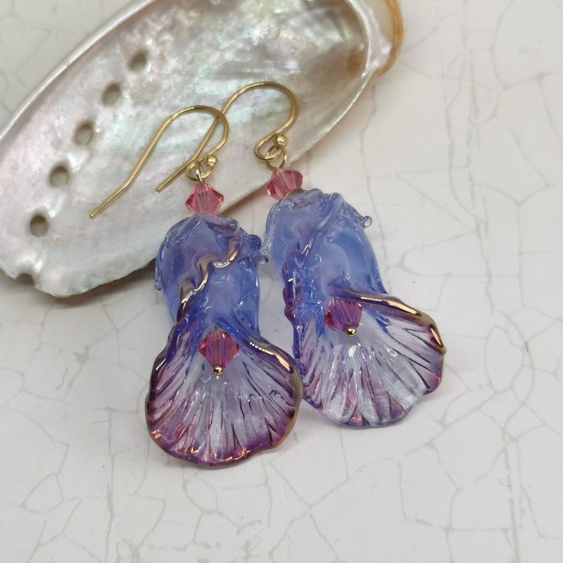 Lilac Flower Dangle Earrings | Lampwork Glass | 14k Gold | with Deep Pink Crystal