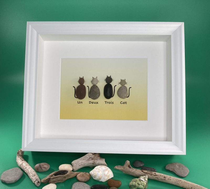 Un, Deux, Trois, Cat | 3D Pebble Art Framed