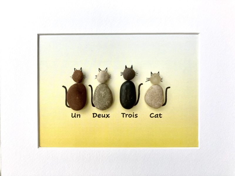 Un, Deux, Trois, Cat | 3D Pebble Art Framed