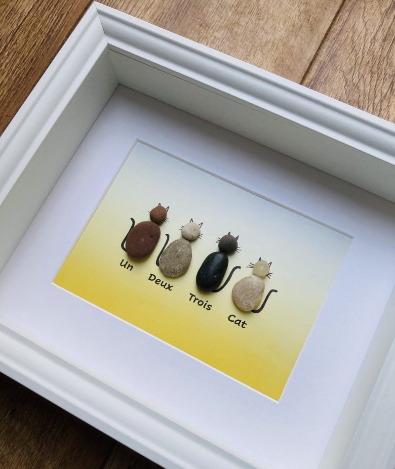 Un, Deux, Trois, Cat | 3D Pebble Art Framed