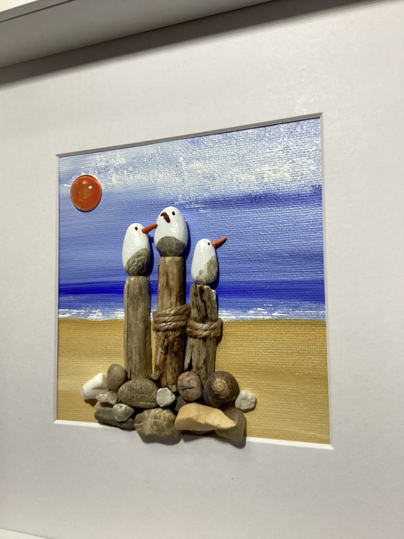 Three Happy Gulls | 3D Pebble Art Framed