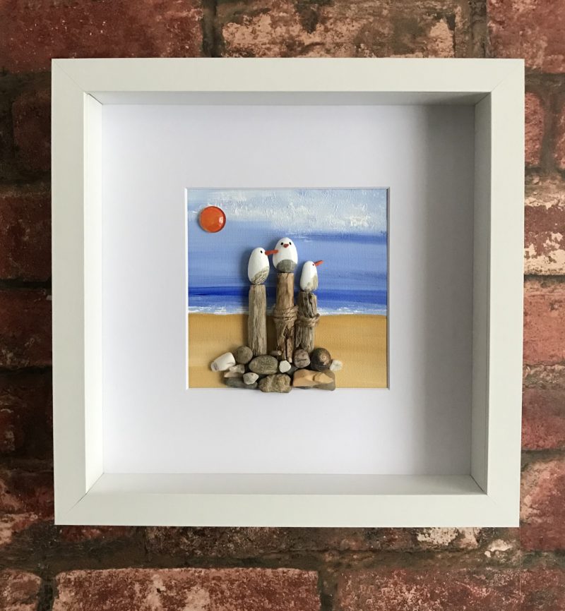 Three Happy Gulls | 3D Pebble Art Framed