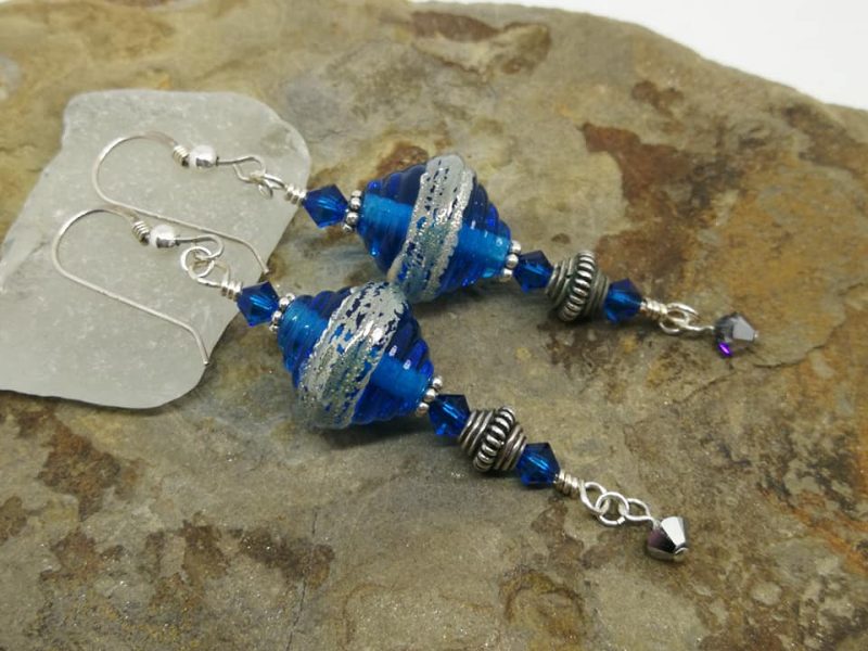 Moroccan Style Blue and Silver Lampwork Glass Wire-wrapped Dangle Earrings for Pierced Ears