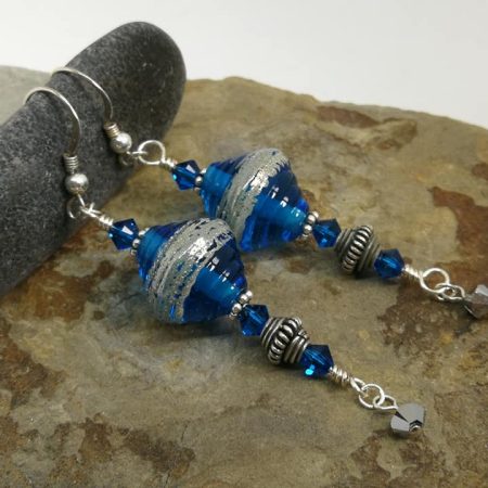 Moroccan Style Blue and Silver Lampwork Glass Wire-wrapped Dangle Earrings for Pierced Ears