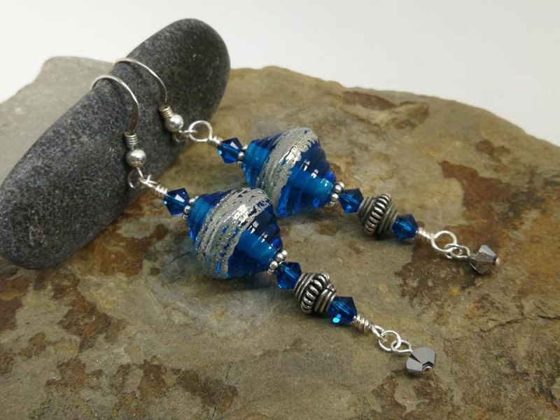 Moroccan Style Blue and Silver Lampwork Glass Wire-wrapped Dangle Earrings for Pierced Ears