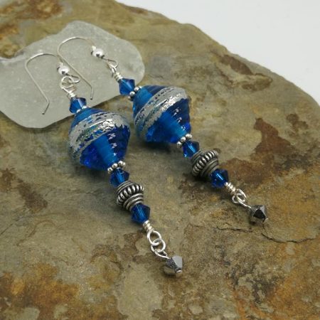 Moroccan Style Blue and Silver Lampwork Glass Wire-wrapped Dangle Earrings for Pierced Ears