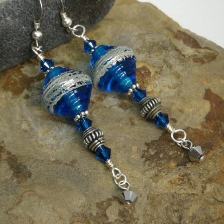 Moroccan Style Blue and Silver Lampwork Glass Wire-wrapped Dangle Earrings for Pierced Ears