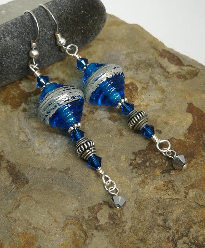Moroccan Style Blue and Silver Lampwork Glass Wire-wrapped Dangle Earrings for Pierced Ears