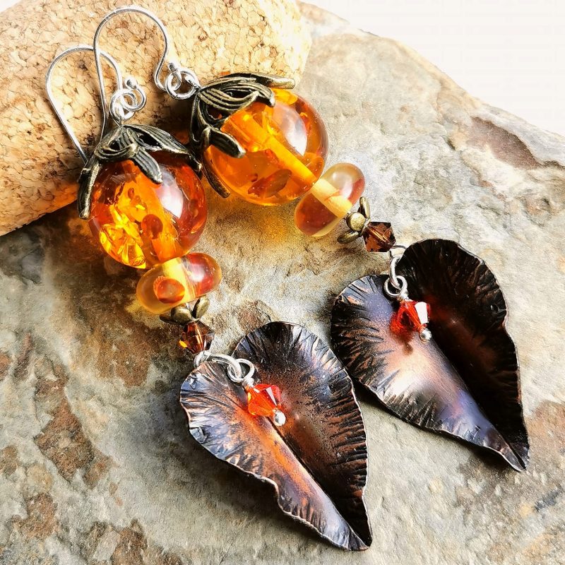 Copper Leaf Dangle Earrings made with Amber Brass and Austrian Crystal with Sterling Silver Earwires
