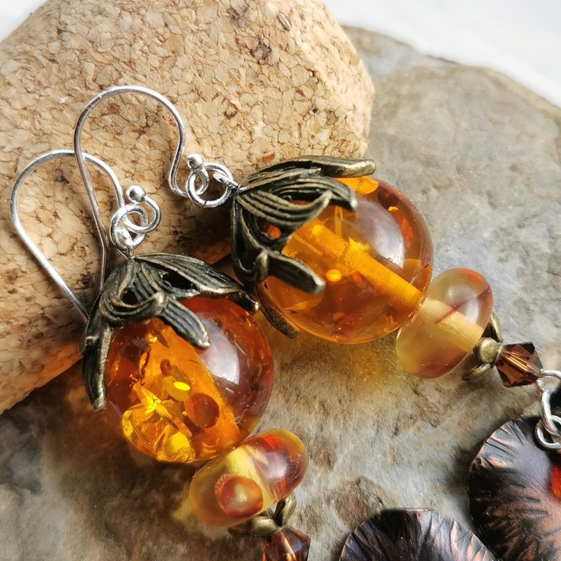 Copper Leaf Dangle Earrings made with Amber Brass and Austrian Crystal with Sterling Silver Earwires