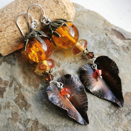Copper Leaf Dangle Earrings made with Amber Brass and Austrian Crystal with Sterling Silver Earwires