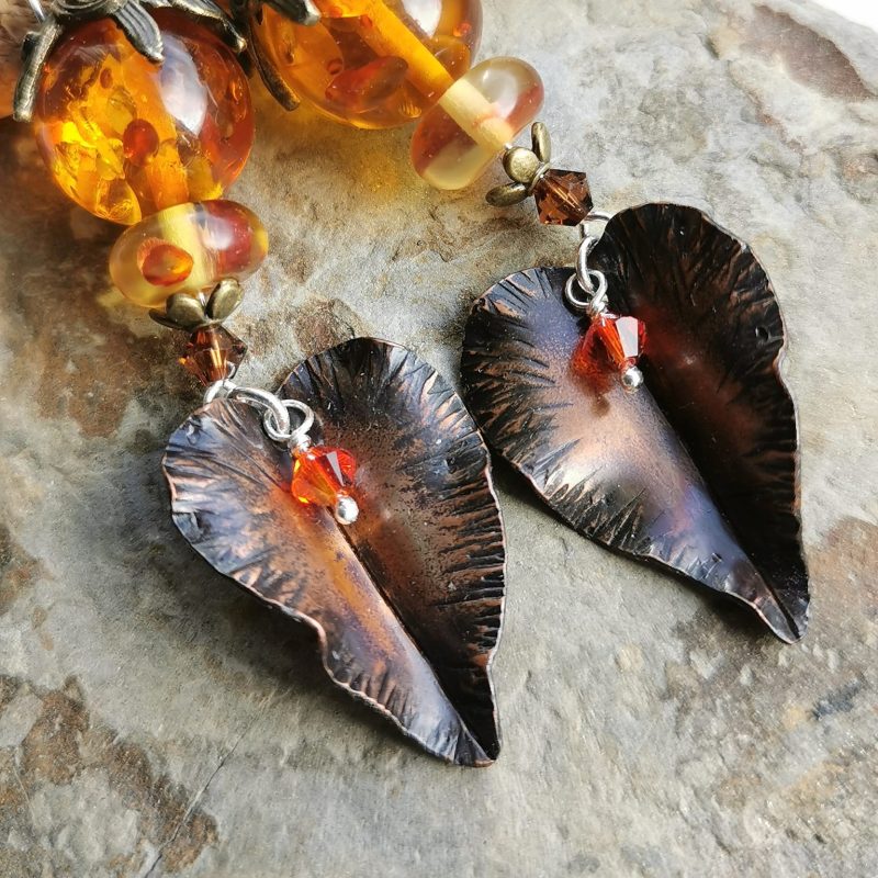 Copper Leaf Dangle Earrings made with Amber Brass and Austrian Crystal with Sterling Silver Earwires