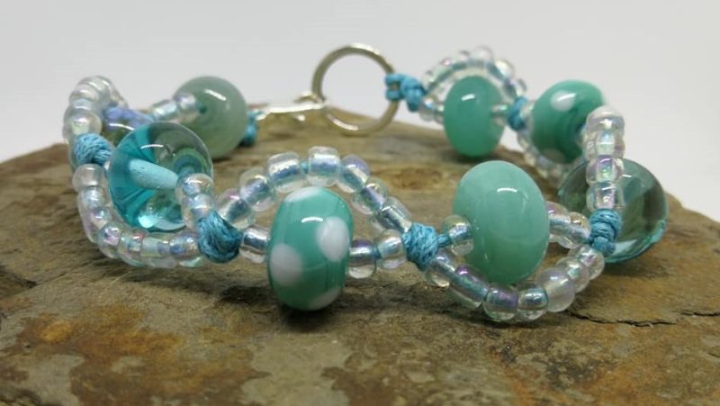 Turquoise White and Aquamarine Lampwork Glass Surf Style Shamballa Cord Beaded Bracelet