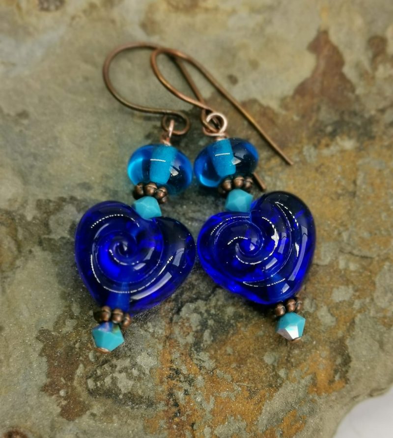 Cobalt Blue Swirl Pattern Lampwork Glass Heart Shaped Copper Dangle Earrings for Pierced Ears