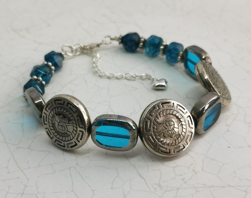 Roman Style Silver Coins Adjustable Bracelet with Teal Hexagonal Quartz and Blue Glass Ovals