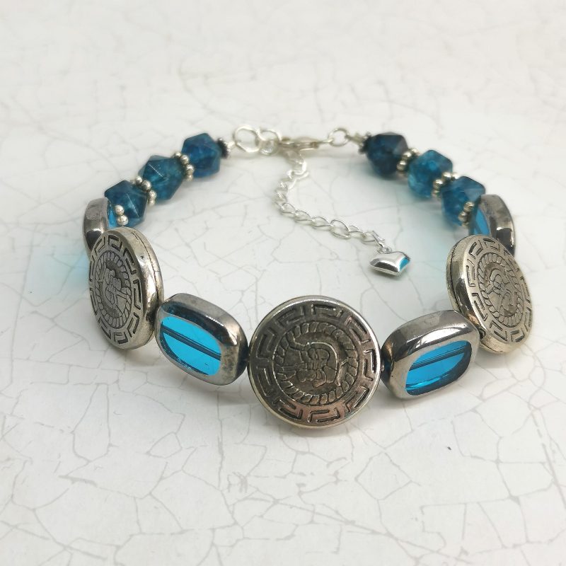 Roman Style Silver Coins Adjustable Bracelet with Teal Hexagonal Quartz and Blue Glass Ovals
