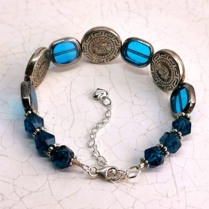 Roman Style Silver Coins Adjustable Bracelet with Teal Hexagonal Quartz and Blue Glass Ovals